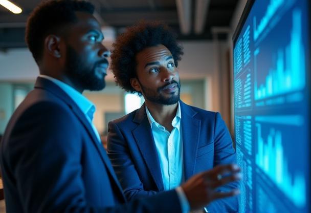 Two professionals discussing data on a screen, representing Hotevia's focus on technology and collaboration